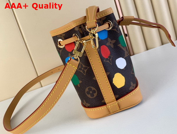 LV x YK Nano Noe Bucket Bag in Monogram Coated Canvas with 3D Printed Dots Print Replica