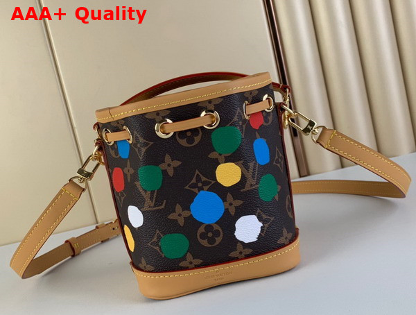 LV x YK Nano Noe Bucket Bag in Monogram Coated Canvas with 3D Printed Dots Print Replica