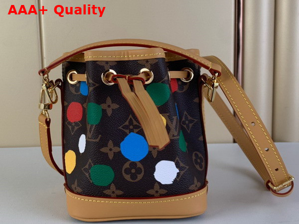 LV x YK Nano Noe Bucket Bag in Monogram Coated Canvas with 3D Printed Dots Print Replica