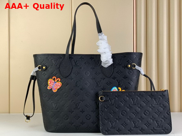 LV x YK Neverfull MM Black Embossed Grained Monogram Empreinte Cowhide Leather with Flower Marquetry Replica