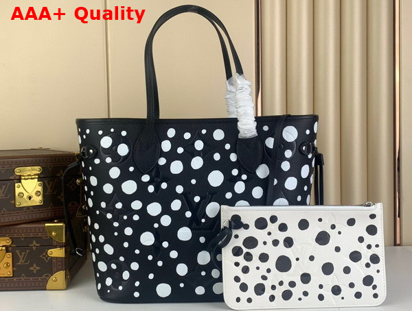 LV x YK Neverfull MM Black and White Embossed Grained Monogram Empreinte Cowhide Leather with Infinity Dots Print M46390 Replica