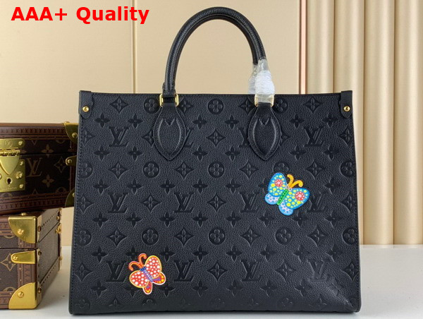 LV x YK Onthego MM Black Embossed Grained Monogram Empreinte Cowhide Leather with Flower Marquetry M46416 Replica