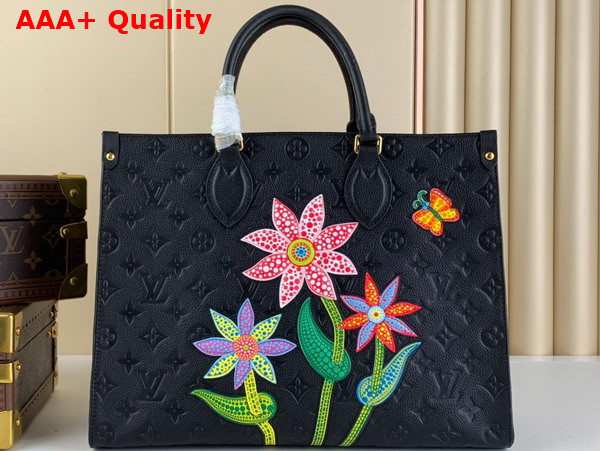 LV x YK Onthego MM Black Embossed Grained Monogram Empreinte Cowhide Leather with Flower Marquetry M46416 Replica