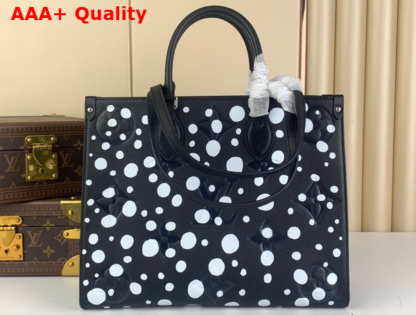 LV x YK Onthego MM Black and White Embossed Grained Monogram Empreinte Cowhide Leather with Infinity Dots Print M46389 Replica