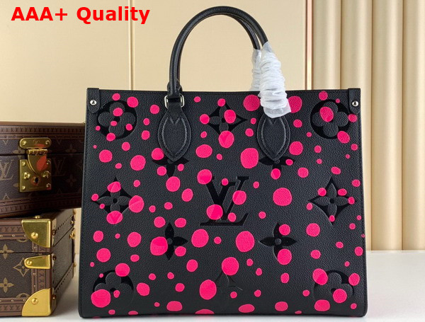 LV x YK Onthego MM Tote Black and Fuchsia Monogram Empreinte Cowhide Leather with Infinity Dots Print M46418 Replica