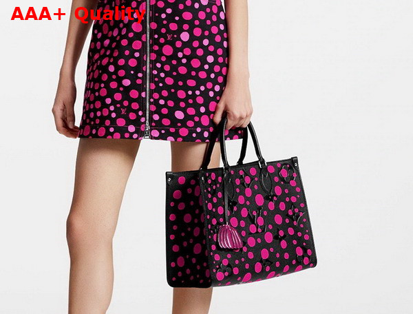 LV x YK Onthego MM Tote Black and Fuchsia Monogram Empreinte Cowhide Leather with Infinity Dots Print M46418 Replica