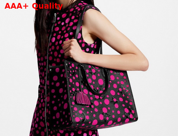 LV x YK Onthego MM Tote Black and Fuchsia Monogram Empreinte Cowhide Leather with Infinity Dots Print M46418 Replica