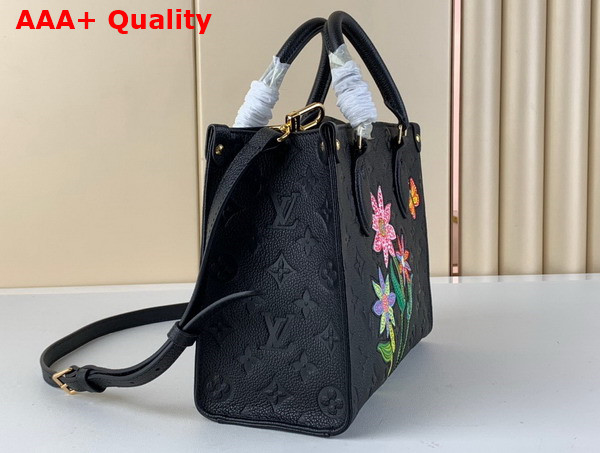 LV x YK Onthego PM Black Embossed Grained Monogram Empreinte Cowhide Leather with Flower Marquetry Replica