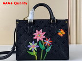 LV x YK Onthego PM Black Embossed Grained Monogram Empreinte Cowhide Leather with Flower Marquetry Replica