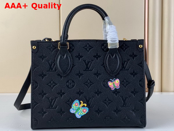 LV x YK Onthego PM Black Embossed Grained Monogram Empreinte Cowhide Leather with Flower Marquetry Replica