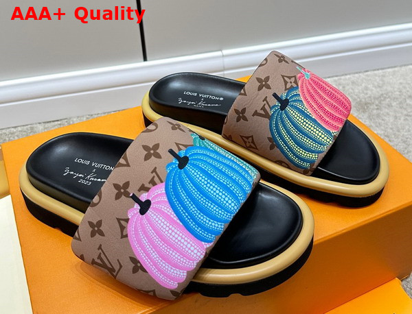 LV x YK Pool Pillow Flat Comfort Mule in Beige Nylon with a Colorful Pumpkins Print Replica