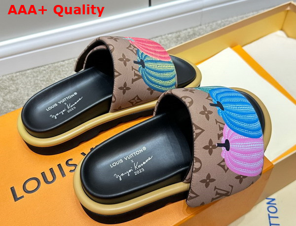 LV x YK Pool Pillow Flat Comfort Mule in Beige Nylon with a Colorful Pumpkins Print Replica