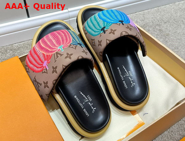 LV x YK Pool Pillow Flat Comfort Mule in Beige Nylon with a Colorful Pumpkins Print Replica