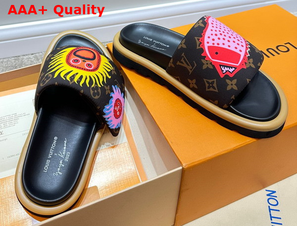 LV x YK Pool Pillow Flat Comfort Mule in Cacao Brown Embroidered Monogram Nylon 1ABD8T Replica