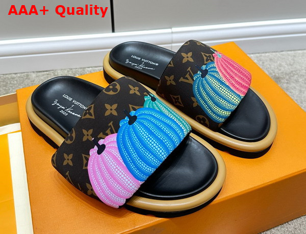 LV x YK Pool Pillow Flat Comfort Mule in Cacao Brown Nylon with a Colorful Pumpkins Print 1ABD91 Replica