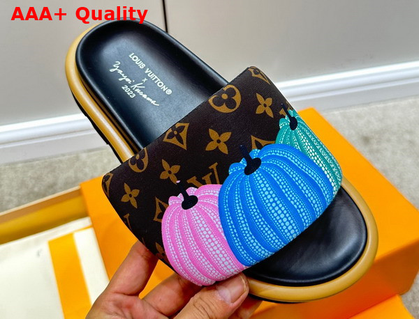 LV x YK Pool Pillow Flat Comfort Mule in Cacao Brown Nylon with a Colorful Pumpkins Print 1ABD91 Replica