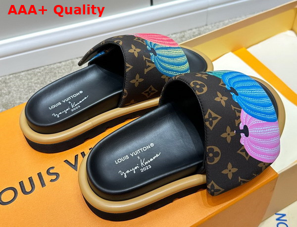 LV x YK Pool Pillow Flat Comfort Mule in Cacao Brown Nylon with a Colorful Pumpkins Print 1ABD91 Replica