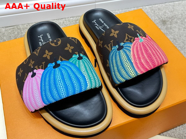 LV x YK Pool Pillow Flat Comfort Mule in Cacao Brown Nylon with a Colorful Pumpkins Print 1ABD91 Replica