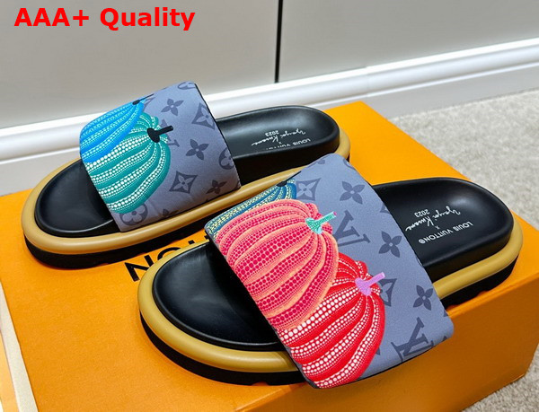 LV x YK Pool Pillow Flat Comfort Mule in Gray Nylon with a Colorful Pumpkins Print Replica