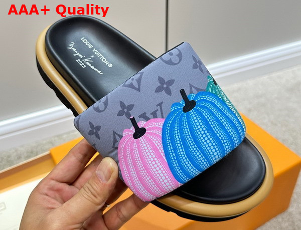 LV x YK Pool Pillow Flat Comfort Mule in Gray Nylon with a Colorful Pumpkins Print Replica