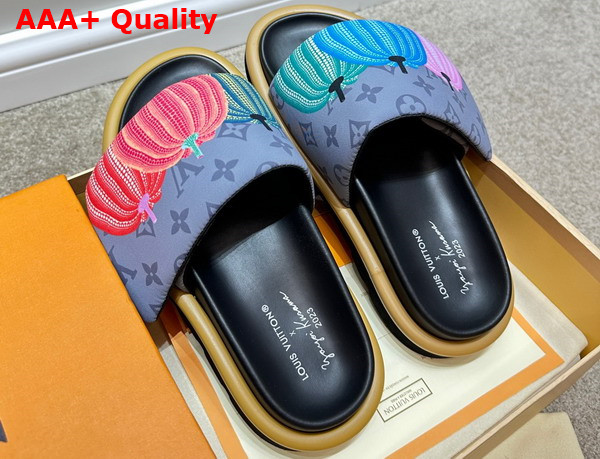 LV x YK Pool Pillow Flat Comfort Mule in Gray Nylon with a Colorful Pumpkins Print Replica