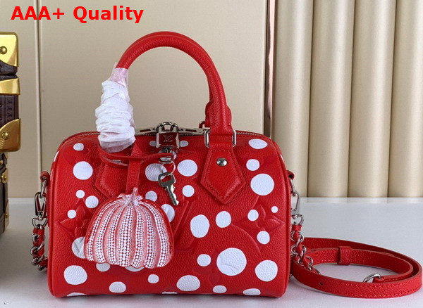 LV x YK Speedy Bandouliere 20 Monogram Empreinte Cowhide Leather wih Infinity Dots Print Red and White M46411 Replica