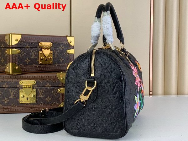 LV x YK Speedy Bandouliere 25 in Black Embossed Grained Monogram Empreinte Cowhide Leather with Flower Marquetry M46415 Replica