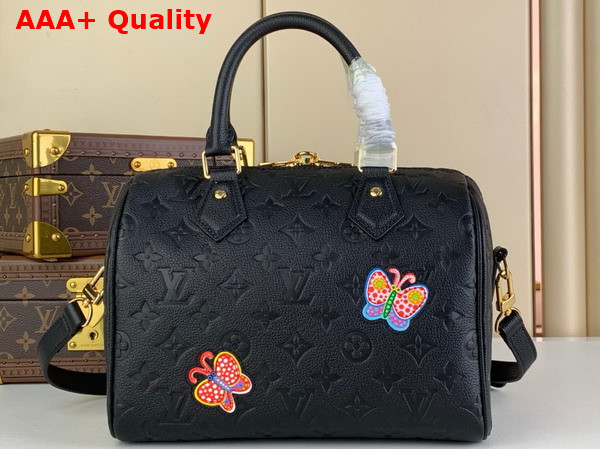 LV x YK Speedy Bandouliere 25 in Black Embossed Grained Monogram Empreinte Cowhide Leather with Flower Marquetry M46415 Replica