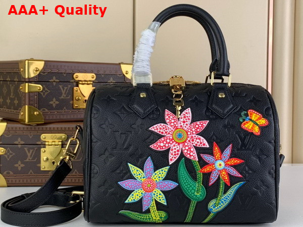 LV x YK Speedy Bandouliere 25 in Black Embossed Grained Monogram Empreinte Cowhide Leather with Flower Marquetry M46415 Replica