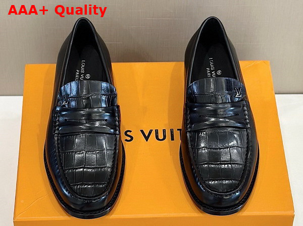 Louis Loafer in Black Glazed Calf Leather and Alligator 1AASO6 Replica