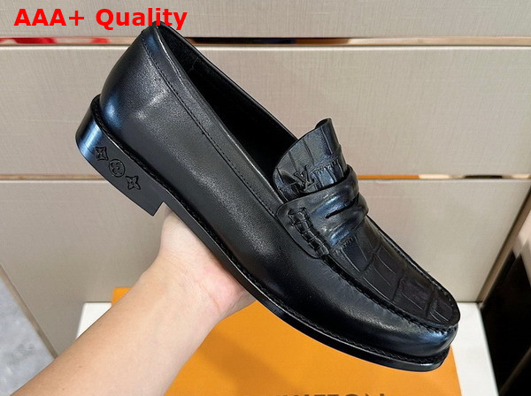 Louis Loafer in Black Glazed Calf Leather and Alligator 1AASO6 Replica