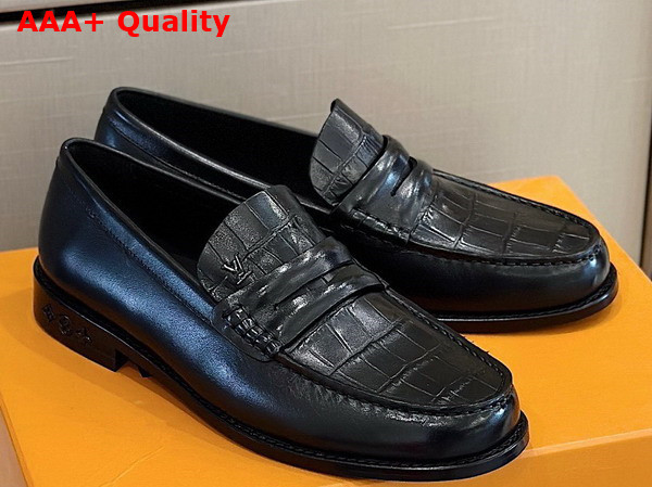 Louis Loafer in Black Glazed Calf Leather and Alligator 1AASO6 Replica