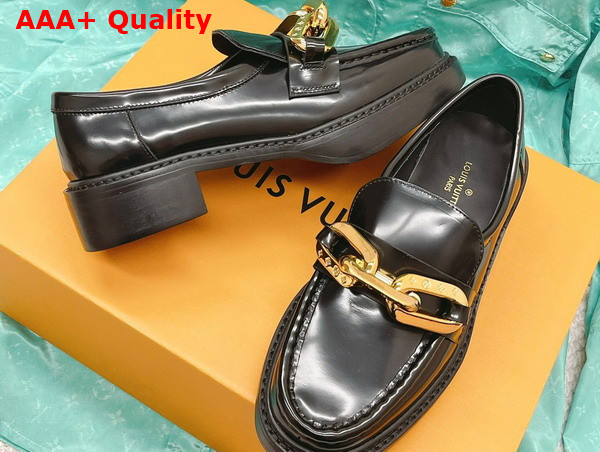 Louis Vuitton Academy Loafer in Black Glazed Calf Leather with Gold Oversized Resin Chain Accessory Replica