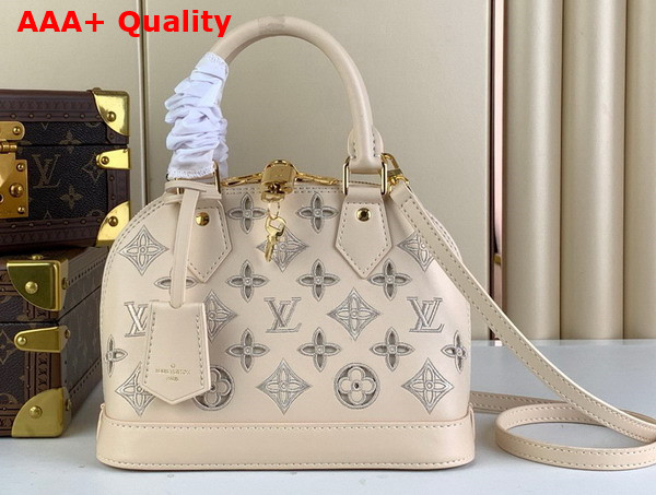 Louis Vuitton Alma BB Handbag in Beige Calfskin Perforated with Iconic Monogram Motifs Replica