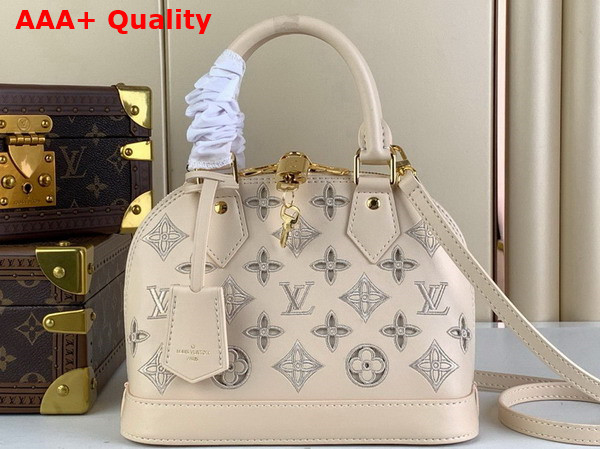 Louis Vuitton Alma BB Handbag in Beige Calfskin Perforated with Iconic Monogram Motifs Replica