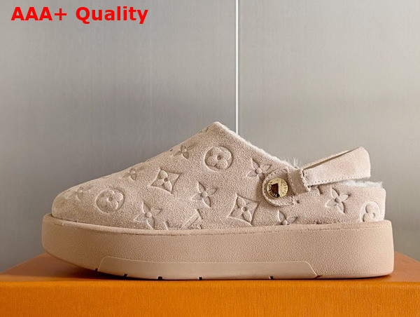 Louis Vuitton Aspen Platform Clog in Beige Monogram Debossed Suede Calf Leather and Shearling 1ACHWR Replica