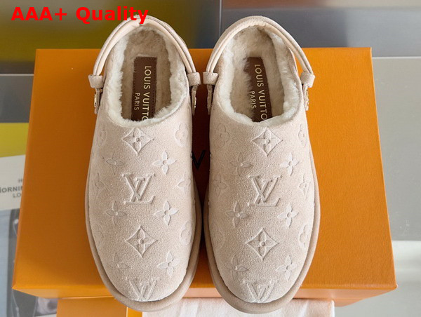 Louis Vuitton Aspen Platform Clog in Beige Monogram Debossed Suede Calf Leather and Shearling 1ACHWR Replica