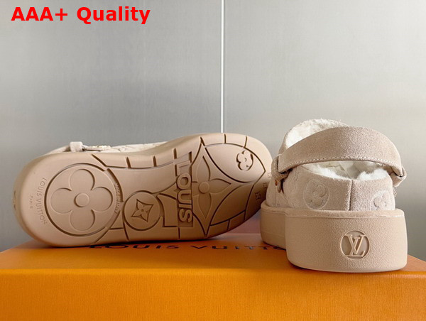 Louis Vuitton Aspen Platform Clog in Beige Monogram Debossed Suede Calf Leather and Shearling 1ACHWR Replica