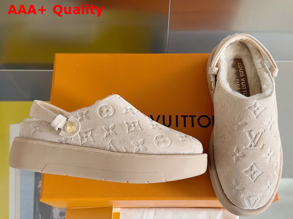 Louis Vuitton Aspen Platform Clog in Beige Monogram Debossed Suede Calf Leather and Shearling 1ACHWR Replica