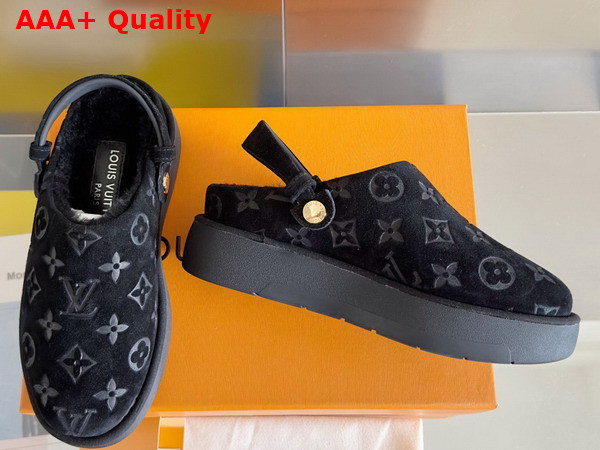 Louis Vuitton Aspen Platform Clog in Black Monogram Debossed Suede Calf Leather and Shearling 1ACHVV Replica