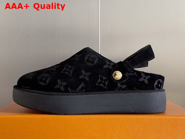 Louis Vuitton Aspen Platform Clog in Black Monogram Debossed Suede Calf Leather and Shearling 1ACHVV Replica