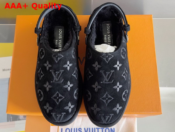 Louis Vuitton Aspen Platform Clog in Black Monogram Debossed Suede Calf Leather and Shearling 1ACHVV Replica