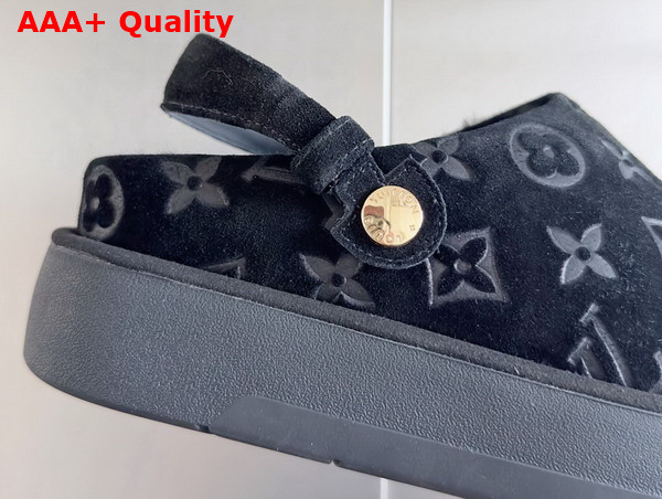 Louis Vuitton Aspen Platform Clog in Black Monogram Debossed Suede Calf Leather and Shearling 1ACHVV Replica