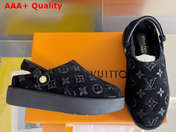 Louis Vuitton Aspen Platform Clog in Black Monogram Debossed Suede Calf Leather and Shearling 1ACHVV Replica