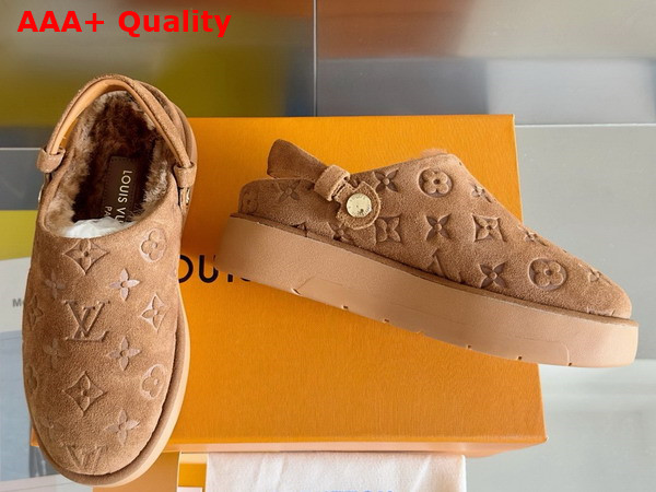 Louis Vuitton Aspen Platform Clog in Brown Monogram Debossed Suede Calf Leather and Shearling 1ACHWB Replica