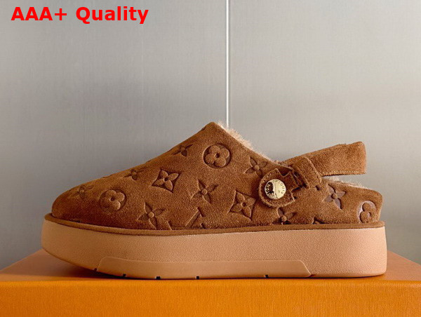 Louis Vuitton Aspen Platform Clog in Brown Monogram Debossed Suede Calf Leather and Shearling 1ACHWB Replica