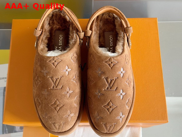 Louis Vuitton Aspen Platform Clog in Brown Monogram Debossed Suede Calf Leather and Shearling 1ACHWB Replica