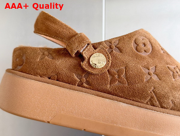 Louis Vuitton Aspen Platform Clog in Brown Monogram Debossed Suede Calf Leather and Shearling 1ACHWB Replica