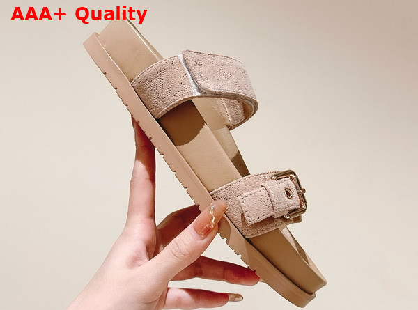 Louis Vuitton Bom Dia Flat Comfort Mule in Beige Perforated Suede Goat Leather 1ACTFM Replica