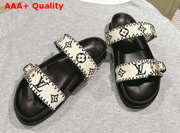 Louis Vuitton Bom Dia Flat Comfort Mule in Black and White Raffia 1ACZID Replica